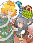  amakaeru animal_ears bad_id bad_pixiv_id bishamonten's_pagoda blonde_hair capelet christmas_tree closed_eyes dress fang gift grey_hair hair_ornament highres jewelry mouse_ears mouse_tail multiple_girls nazrin open_mouth pendant red_eyes short_hair smile tail toramaru_shou touhou 