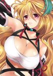  bare_shoulders blonde_hair breasts cleavage kurimomo large_breasts long_hair milla_maxwell purple_eyes red_eyes shirt solo tales_of_(series) tales_of_xillia taut_clothes taut_shirt very_long_hair 