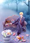  bad_id bad_pixiv_id beioulei bench blonde_hair candy crossed_legs earrings fate/stay_night fate/zero fate_(series) food formal gift gilgamesh highres jewelry male_focus outdoors red_eyes sitting solo suit teapot 
