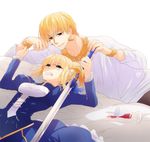  1girl ahoge alcohol artoria_pendragon_(all) bad_id bad_pixiv_id blonde_hair bracelet casual cup dress drinking_glass earrings excalibur fate/stay_night fate/zero fate_(series) gilgamesh green_eyes hair_ribbon irono_(irtyu) jewelry necklace red_eyes ribbon saber short_hair spill sword weapon wine wine_glass 
