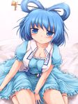  aqua_dress belt between_legs blue_eyes blue_hair blush breasts cleavage dress flower hair_ornament hair_rings hair_stick hand_between_legs highres kaku_seiga lzh medium_breasts shawl sitting solo touhou vest wariza 