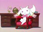  book bow bowtie cardcaptor_sakura chair crossed_legs g3pen globe kyubey lamp mahou_shoujo_madoka_magica no_humans parody pipe red_eyes sitting solo table trait_connection 