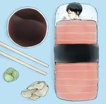  ally_(hisu) bad_id bad_pixiv_id chopsticks food futon ginger male_focus miniboy nigirizushi original sleeping solo soy_sauce sushi wasabi 