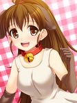  :d animal_ears bad_id bad_pixiv_id brown_eyes brown_hair collar cosplay dog_ears dress elbow_gloves gloves long_hair open_mouth plaid plaid_background ponytail sleeveless sleeveless_dress smile solo taneshima_popura totokichi working!! 