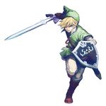  blonde_hair blue_eyes boots gloves hat link male_focus pointy_ears running shield solo sword the_legend_of_zelda the_legend_of_zelda:_skyward_sword weapon yuzukarin 