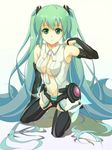  between_breasts breasts bridal_gauntlets center_opening elbow_gloves gloves green_eyes green_hair hatsune_miku hatsune_miku_(append) kizen3 kneeling long_hair necktie simple_background solo thighhighs twintails very_long_hair vocaloid vocaloid_append 