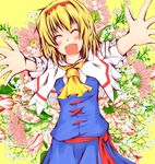 :d ^_^ alice_margatroid ascot bad_perspective blonde_hair capelet closed_eyes dress flower hairband kuroneko_(kuroi-neko) open_mouth outstretched_arms rose sash smile solo touhou upper_body 