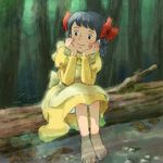  anne_of_green_gables barefoot bow diana_barry dress feet forest hair_bow hair_rings lowres nature sakai_yume sitting smile soaking_feet solo sunlight tegaki tree water world_masterpiece_theater yellow_dress 