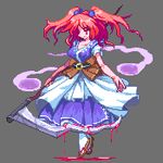  bad_id bad_pixiv_id belt blood breasts cleavage dress hair_bobbles hair_ornament hitodama japanese_clothes kou_2008 lowres medium_breasts onozuka_komachi pixel_art polearm red_eyes red_hair scythe solo spirit touhou two_side_up weapon 