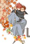  2boys age_difference autumn blush brown_eyes brown_hair carrying father_and_son hug japanese_clothes kratos_aurion leaf leaves lloyd_irving male male_focus multiple_boys princess_carry red_eyes red_hair shoes short_hair sneakers tales_of_(series) tales_of_symphonia 