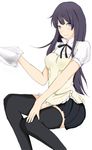  apron bad_id bad_pixiv_id bangs black_legwear blunt_bangs long_hair miku-hadu older purple_eyes purple_hair short_sleeves simple_background sitting skirt smile solo thighhighs tsurime waitress white_background working!! yamada_aoi zettai_ryouiki 