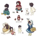  70s alps_no_shoujo_heidi animal basket bird bonnet bug cape character_name chicken child dog from_behind goat grasshopper hat heidi insect mouse oldschool pettyraps shoes short_hair sitting world_masterpiece_theater yawning 