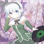  alternate_costume bad_id bad_pixiv_id blue_eyes bow cielo_oceano closed_mouth detached_sleeves dj face hair_ribbon hand_on_ear headphones konpaku_youmu looking_at_viewer record ribbon shawl short_hair silver_hair skirt smile solo touhou 