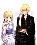  1girl ahoge artoria_pendragon_(all) blonde_hair blush fate/stay_night fate/tiger_colosseum fate_(series) food fruit gilgamesh green_eyes japanese_clothes jewelry kimono mafuyu proposal red_eyes ring saber watermelon wedding_ring 