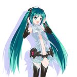  absurdres amino_kohaku arms_up bridal_gauntlets center_opening green_eyes green_hair hatsune_miku hatsune_miku_(append) headphones highres long_hair navel necktie open_mouth simple_background solo thighhighs twintails very_long_hair vocaloid vocaloid_append white_background 
