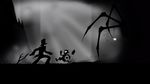  bag beret bug butterfly crossover dark glowing glowing_eyes grass greyscale hat hershel_layton highres insect limbo_(game) luke_triton monochrome multiple_boys professor_layton running satchel shorts sieberwolf silhouette spider top_hat 