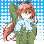  grey_eyes hair_ribbon inazuma_eleven_(series) inazuma_eleven_go long_hair one_eye_closed red_hair ribbon scarf seto_midori solo wonoco0916 