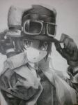  bad_id bad_pixiv_id black_hair coat fur_hat gloves goggles goggles_on_head graphite_(medium) hat kino kino_no_tabi monochrome reverse_trap short_hair solo traditional_media 