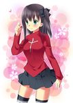  aqua_eyes black_hair black_legwear blue_eyes cosplay fate/stay_night fate_(series) gem hair_ribbon long_hair matou_sakura miniskirt nfr ribbon side_ponytail skirt smile solo thighhighs toosaka_rin toosaka_rin_(cosplay) turtleneck what_if zettai_ryouiki 