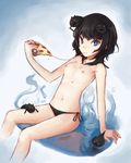  bikini black_hair blue_eyes breasts cheese cheese_trail creature face food holding_pizza nipples original petite pizza saimon_ma short_hair side-tie_bikini slice_of_pizza small_breasts swimsuit topless yami_shoujo 