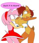  amy_rose angry big_breasts breasts couple dialogue dress gloves hedgehog navel nude plain_background rodent sally_acorn sega sonic_(series) squirrel tail vest white_background 