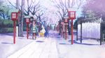  anime_location bloom blue_eyes blue_hair boots cherry_blossoms eunos foreshortening green_eyes hands_in_pockets highres hiiragi_kagami izumi_konata lantern long_hair lucky_star multiple_girls pantyhose path purple_hair road scenery spring_(season) stone_lantern torii twintails wooden_lantern 