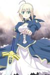  afuro_(did) ahoge artoria_pendragon_(all) blonde_hair blurry depth_of_field dress excalibur fate/stay_night fate/zero fate_(series) green_eyes hair_ribbon puffy_sleeves ribbon saber solo sword weapon 