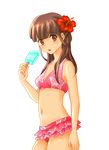  animal_print bad_id bad_pixiv_id bikini brown_eyes brown_hair butterfly_print flower food from_side hair_flower hair_ornament hibiscus long_hair original popsicle simple_background solo swimsuit uno_(uso) white_background 