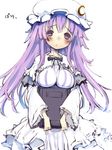 blush book breast_rest breasts carried_breast_rest crescent hat kawahara_megumi long_hair medium_breasts patchouli_knowledge purple_eyes purple_hair shy solo touhou white_background 