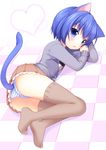  :o animal_ears ass blue_eyes blue_hair cardigan cat_ears cat_tail checkered checkered_floor feet lying no_shoes on_side onka original panties pantyshot pantyshot_(lying) polka_dot short_hair skirt solo striped striped_panties tail thighhighs underwear upskirt usashiro_mani 