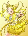  blonde_hair blush bow brooch bubble_skirt choker color_connection cosplay cure_lemonade cure_muse_(yellow) cure_muse_(yellow)_(cosplay) double_bun drill_hair frills goru_(cure_golgom) hair_ribbon hand_on_hip jewelry kasugano_urara_(yes!_precure_5) long_hair precure ribbon skirt smile solo suite_precure twin_drills twintails yellow yellow_background yellow_bow yellow_choker yellow_eyes yellow_ribbon yellow_skirt yes!_precure_5 