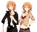  1girl androgynous belt brother_and_sister brown_eyes brown_hair hand_on_hip hijiri_(resetter) midriff navel necktie open_clothes open_shirt original pants shirt short_hair siblings sleeves_rolled_up smile sweatdrop twins 