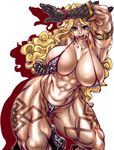  1girl amazon_(dragon&#039;s_crown) amazon_(dragon's_crown) armor bikini bikini_armor blonde_hair boots bracelet breasts chainmail_bikini cleavage dragon&#039;s_crown dragon's_crown feather feathers glove gloves green_eyes headband hips jewelry large_breasts muscle solo swimsuit tanuma_yuuichirou tattoo wide_hips 