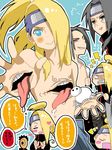  5boys black_eyes black_hair blonde_hair blue_eyes blush chikomin deidara eyes_closed forehead_protector hair_over_one_eye heart licking long_hair male male_focus mask mouth multiple_boys naruto naruto_shippuuden open_mouth red_eyes saliva smile tegaki tobi tongue topknot translation_request uchiha_itachi uchiha_sasuke 