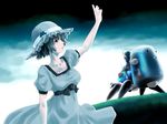  black_hair blue_eyes crossover dress ghost_in_the_shell ghost_in_the_shell_stand_alone_complex hat highres outstretched_hand poker-face-008 robot shiina_mayuri short_hair solo steins;gate tachikoma 