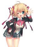  ;d ahoge bad_id bad_pixiv_id blonde_hair bow hair_ribbon highres kamikita_komari little_busters! one_eye_closed open_mouth pink_bow plaid plaid_skirt pleated_skirt ribbon sakura_neko school_uniform short_hair skirt smile solo white_background 