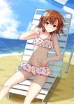  absurdres beach bikini brown_eyes brown_hair chair hair_ornament hairpin highres kamiko_to_seiryoku lens_flare lounge_chair misaka_mikoto navel polka_dot polka_dot_bikini polka_dot_swimsuit shade sitting solo swimsuit to_aru_kagaku_no_railgun to_aru_majutsu_no_index wet 