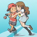  1girl age_difference artist_request blush brown_hair closed_eyes hat holding holding_poke_ball hug lass_(pokemon) long_hair necktie npc_trainer poke_ball pokemon pokemon_(game) pokemon_rgby polka_dot polka_dot_background school_uniform shoes short_hair shorts skirt socks sweatdrop tank_top white_legwear youngster_(pokemon) 