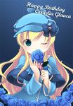 blonde_hair blue blue_eyes blue_flower blue_rose capelet chabacha character_name cordelia_glauca flower happy_birthday long_hair one_eye_closed rose solo tantei_opera_milky_holmes 