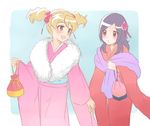  blush fresh_precure! furisode higashi_setsuna holding_hands japanese_clothes kimono momozono_love multiple_girls new_year precure uno_(uso) winter winter_clothes 