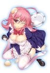  ahoge bad_feet breasts colored_eyelashes cream cube_x_cursed_x_curious dress food food_on_face full_body highres kneeling large_breasts one_eye_closed pink_eyes pink_hair shoes short_hair single_shoe sitting solo sovereignty suggestive_fluid thighhighs wariza watanuki_kaname white_legwear wince 