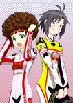  ahoge bad_id bad_pixiv_id black_hair blush bodysuit green_eyes helmet idolmaster idolmaster_(classic) kikuchi_makoto marco_simoncelli multiple_girls ogyomo open_mouth product_placement purple_eyes short_hair smile takatsuki_yayoi wig 