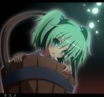  bucket character_name do_(4-rt) green_eyes green_hair hair_bobbles hair_ornament in_bucket in_container kisume letterboxed short_hair solo touhou translated twintails wooden_bucket 