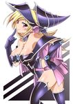  ankh bare_shoulders blonde_hair breasts choker cleavage duel_monster earrings elbow_gloves finger_to_mouth gloves hat highres jewelry large_breasts magi_magi_magician_gal mtu_(orewamuzituda) pentacle pointy_ears purple_eyes skirt solo thighhighs wizard_hat yuu-gi-ou yuu-gi-ou_zexal 