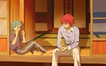  glasses green_hair inazuma_eleven_(series) inazuma_eleven_go kariya_masaki kiyama_hiroto male_focus multiple_boys randomblue red_hair sitting smile veranda 