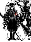  1girl antaria armband boots glasses greyscale hat iron_cross military military_uniform monochrome muscle nazi open_mouth original peaked_cap red_eyes shirtless skull_and_crossbones spot_color standing stitches swastika uniform weapon 