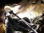  ahoge armor armored_dress artoria_pendragon_(all) blonde_hair dress excalibur fate/stay_night fate_(series) flag gauntlets green_eyes hair_down highres long_hair poker-face-008 puffy_sleeves saber solo sword weapon 
