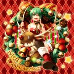  antlers bare_shoulders bell boots braid checkered checkered_background christmas fumi_(butakotai) green_eyes green_hair hair_ornament hatsune_miku holly holly_hair_ornament long_hair merry_christmas one_eye_closed red_nose reindeer reindeer_antlers riding santa_costume solo sparkle striped striped_background thighhighs twin_braids twintails very_long_hair vocaloid wreath 