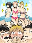  3boys 3girls beach bikini black_hair blonde_hair blush breasts cleavage hair_over_one_eye haruno_sakura hyuuga_hinata inuzuka_kiba long_hair midriff multiple_boys multiple_girls nara_shikamaru naruto navel open_mouth pink_hair pokoko ponytail smile standing swimsuit tegaki uzumaki_naruto water yamanaka_ino 