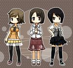  asou_misaki black_eyes black_hair black_legwear blush brown_eyes brown_hair collar dress fatal_frame fatal_frame_4 hagino_chiyoko high_heels lowres minazuki_ruka multiple_girls pantyhose shoes skirt thighhighs tsukimori_madoka 